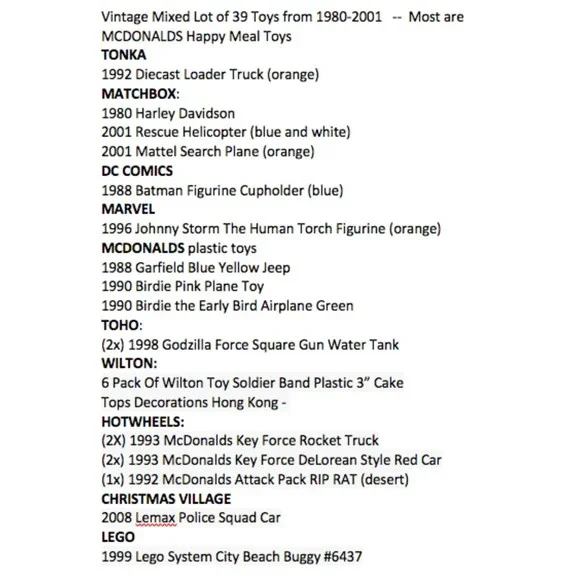 39 Vintage Toy Lot Tonka McDonalds Matchbox Stomper Hot Wheels Marvel 1980-2001